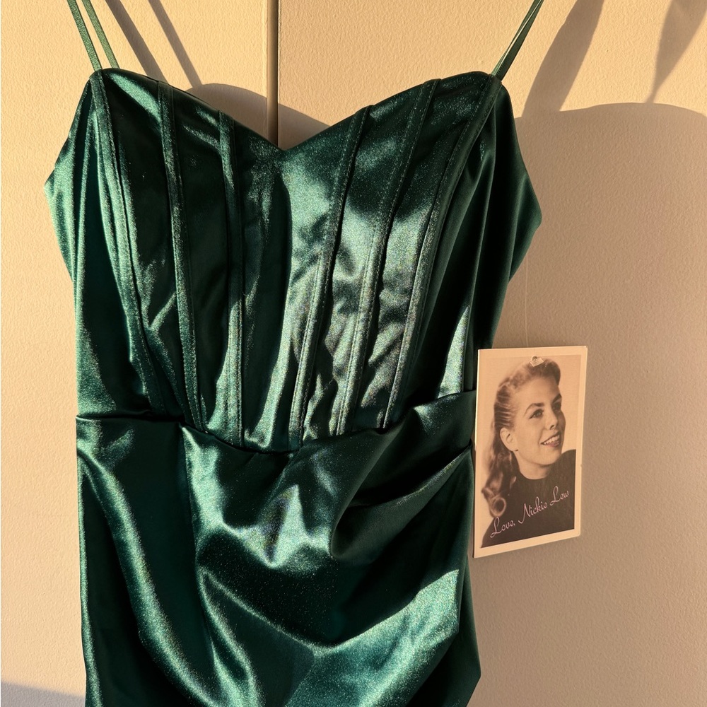 Emerald Green Satin Corset Maxi Dress with Side Slit – XS - Picture 12 of 13